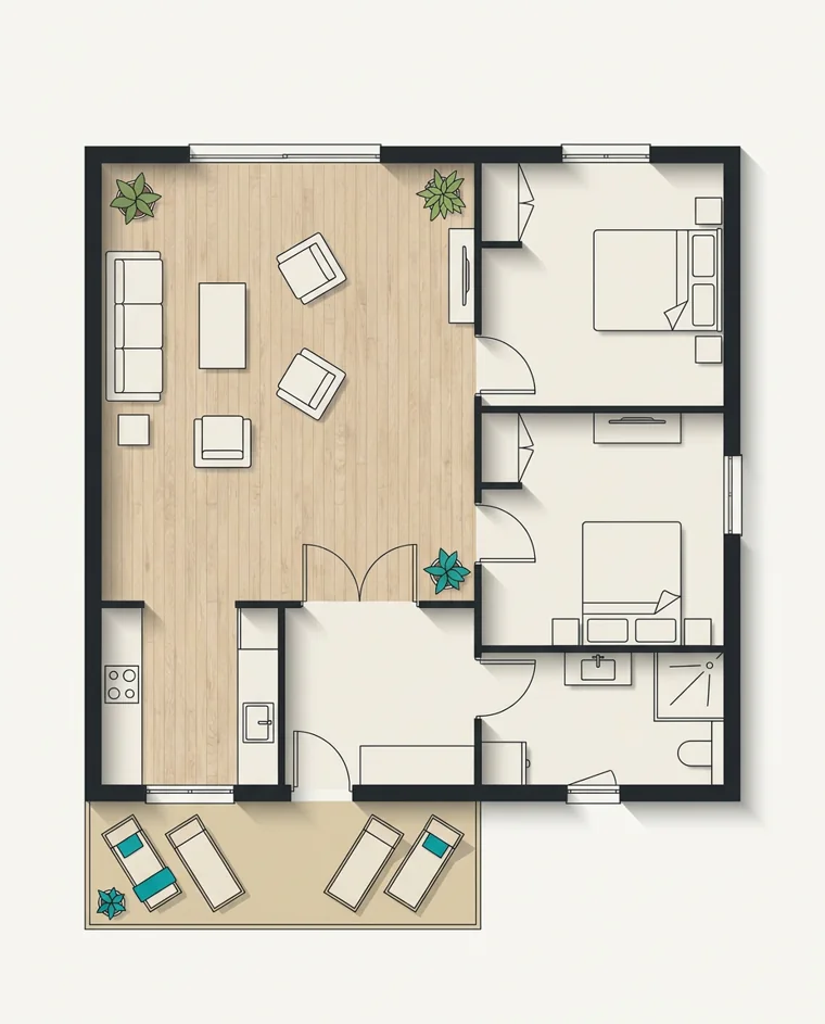 Illustration of a typical two-bedroom flat plan with a terrace, for the Pereybère example (Mauritius)