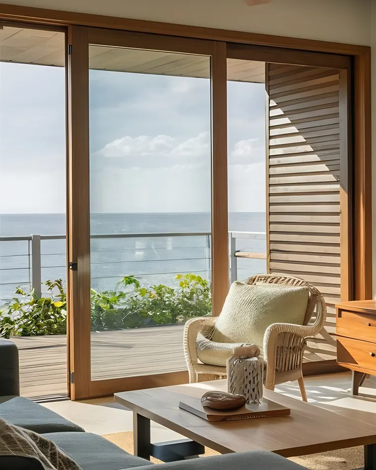 AI-generated illustration: living room with a glass door opening onto the sea, not a real property