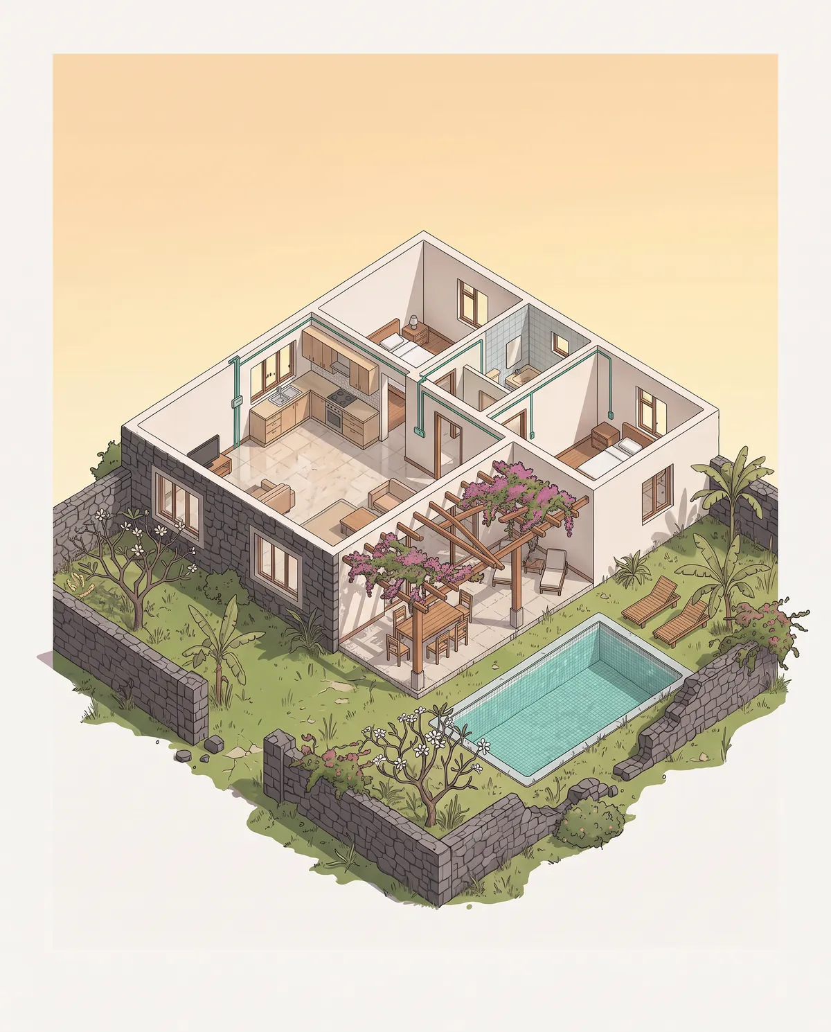 Illustration of the same villa after renovation: walls and roof redone, fitted kitchen and bathrooms, pergola in flower, clean pool, tended garden