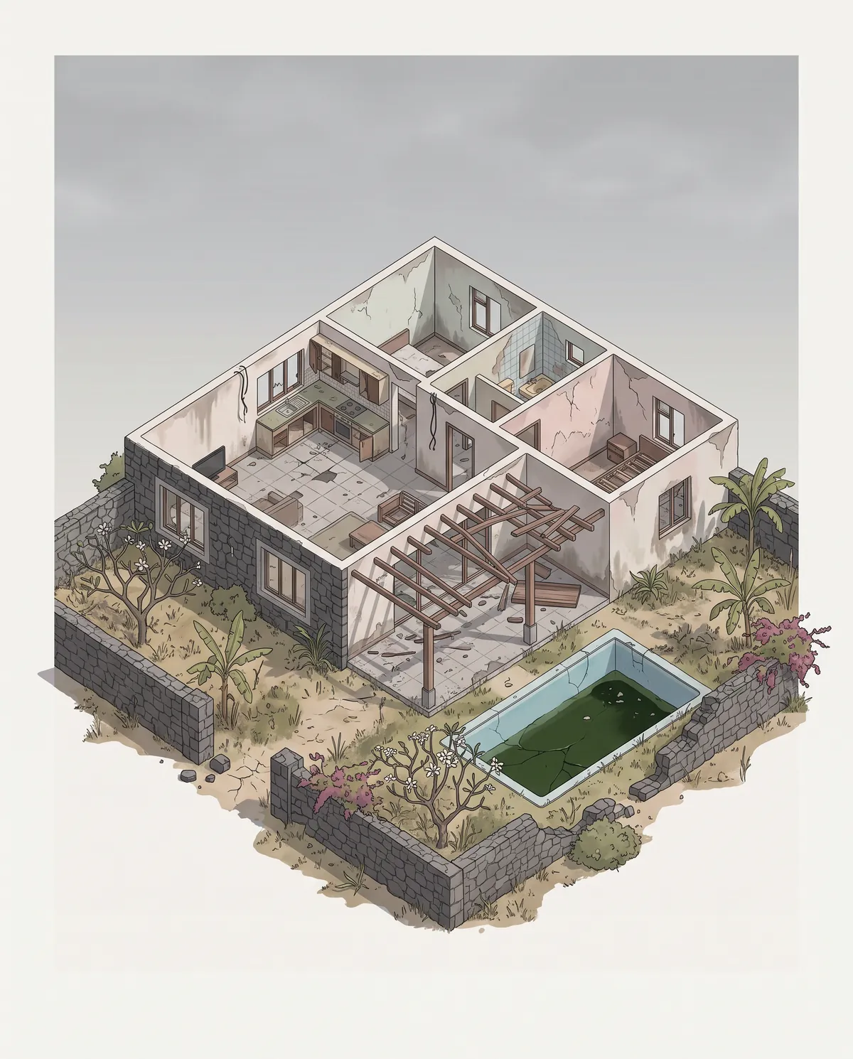 Illustration of a villa before renovation: cracked walls, damaged roof and pergola, green pool, neglected garden