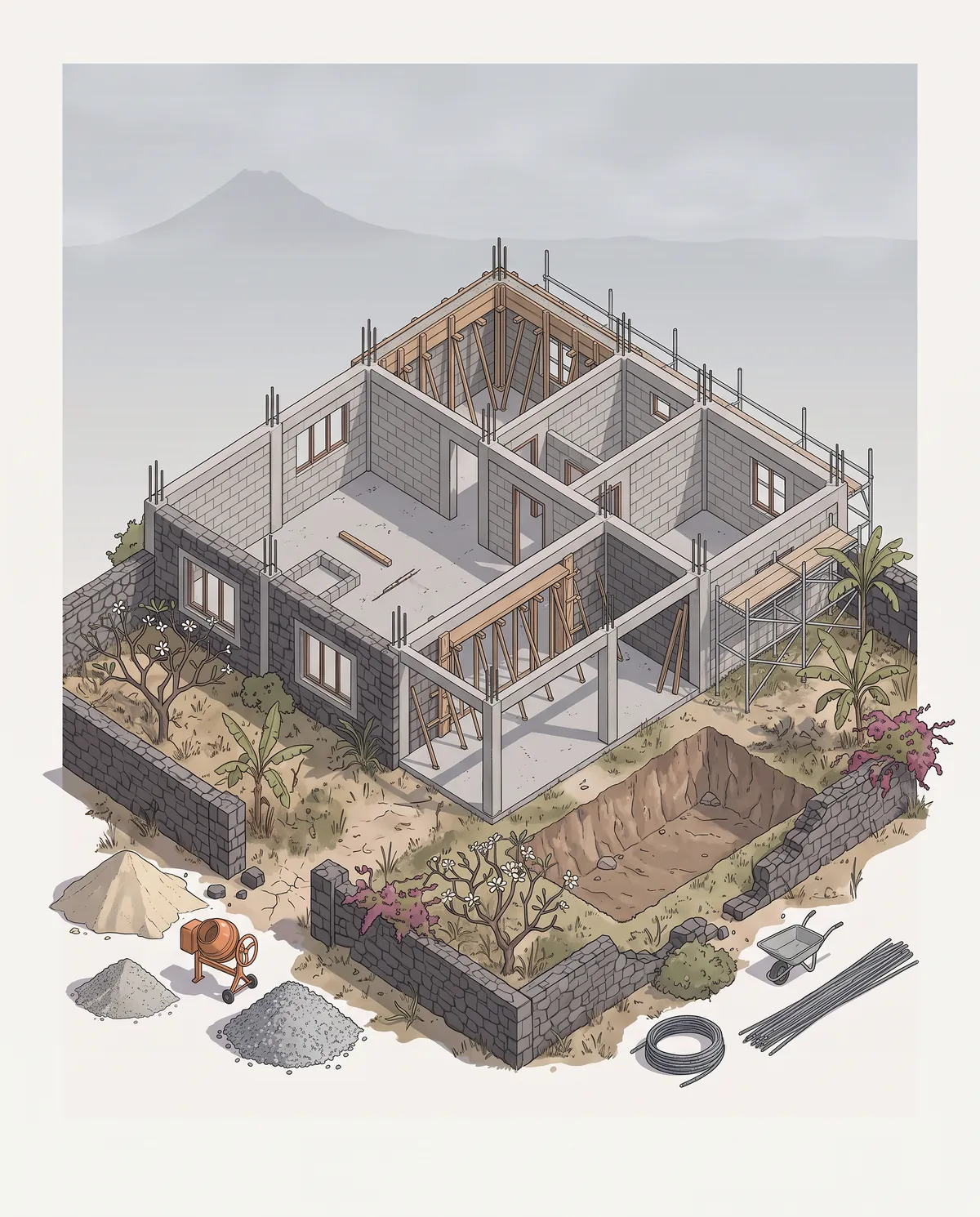 Illustration of a villa under construction on its plot, non-binding example